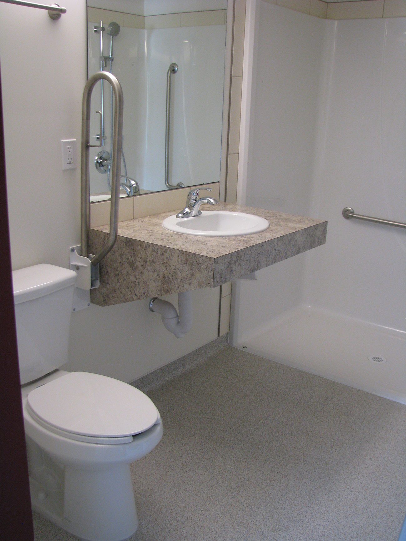 Accessible washroom with grab bars and counter sink